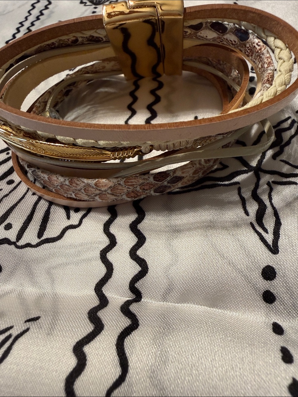 Layered Gold and Tan Multi-Strand Bracelet with magnet closure